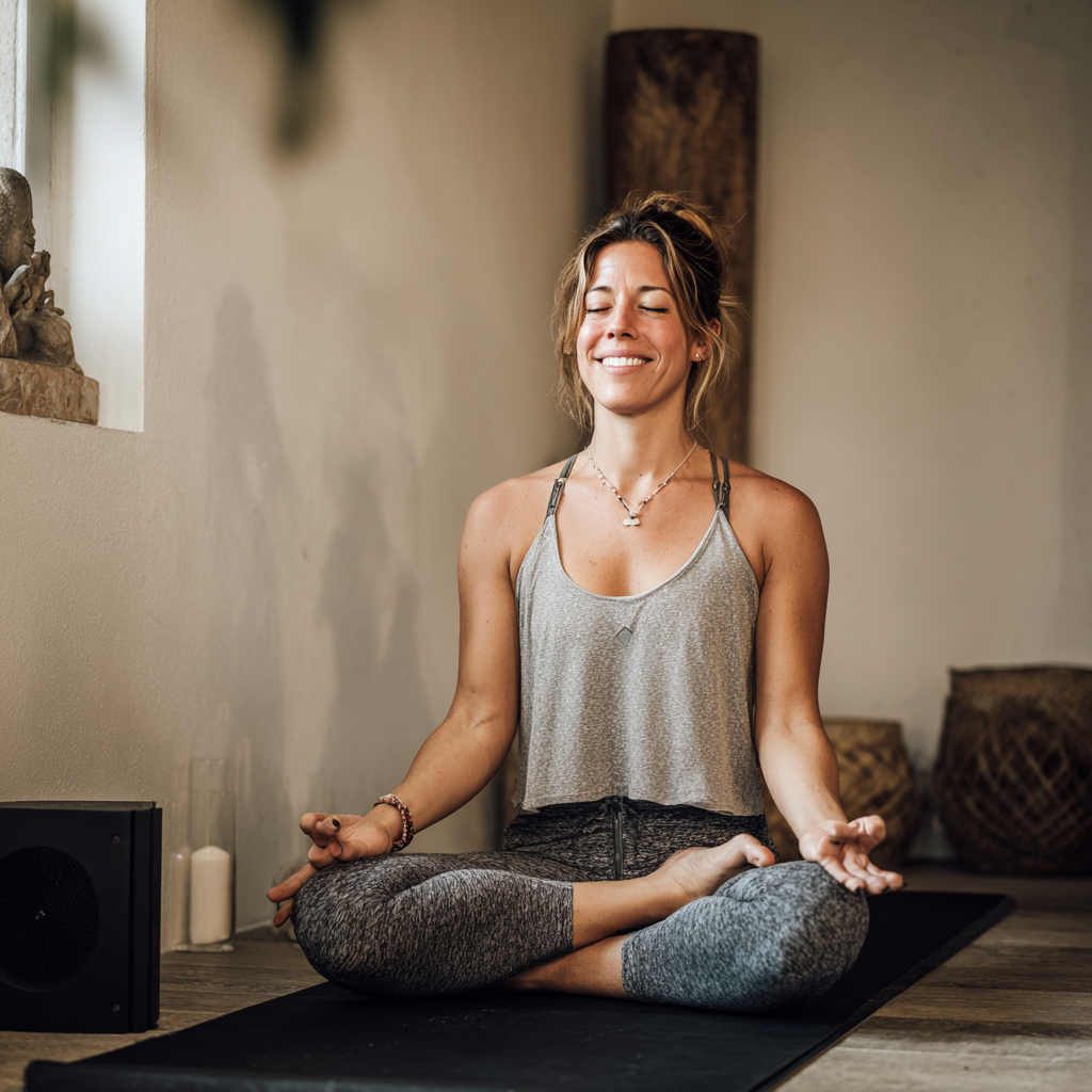 Група усміхнених європейських людей різного віку після заняття йогою в сучасній студії, демонструють задоволення та гармонію